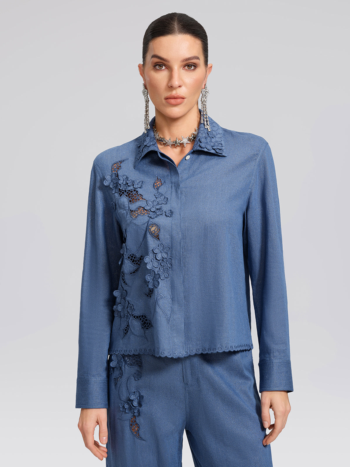 Art Cutout Floral Embroidered Linen Shirt
