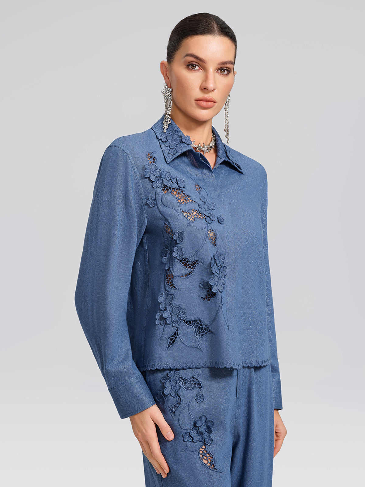 Art Cutout Floral Embroidered Linen Shirt