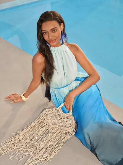 Pleated-Neck Tie-Detail Gradient Maxi Dress (Wasit Tie Included)