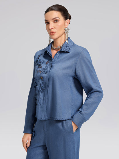 Art Cutout Floral Embroidered Linen Shirt
