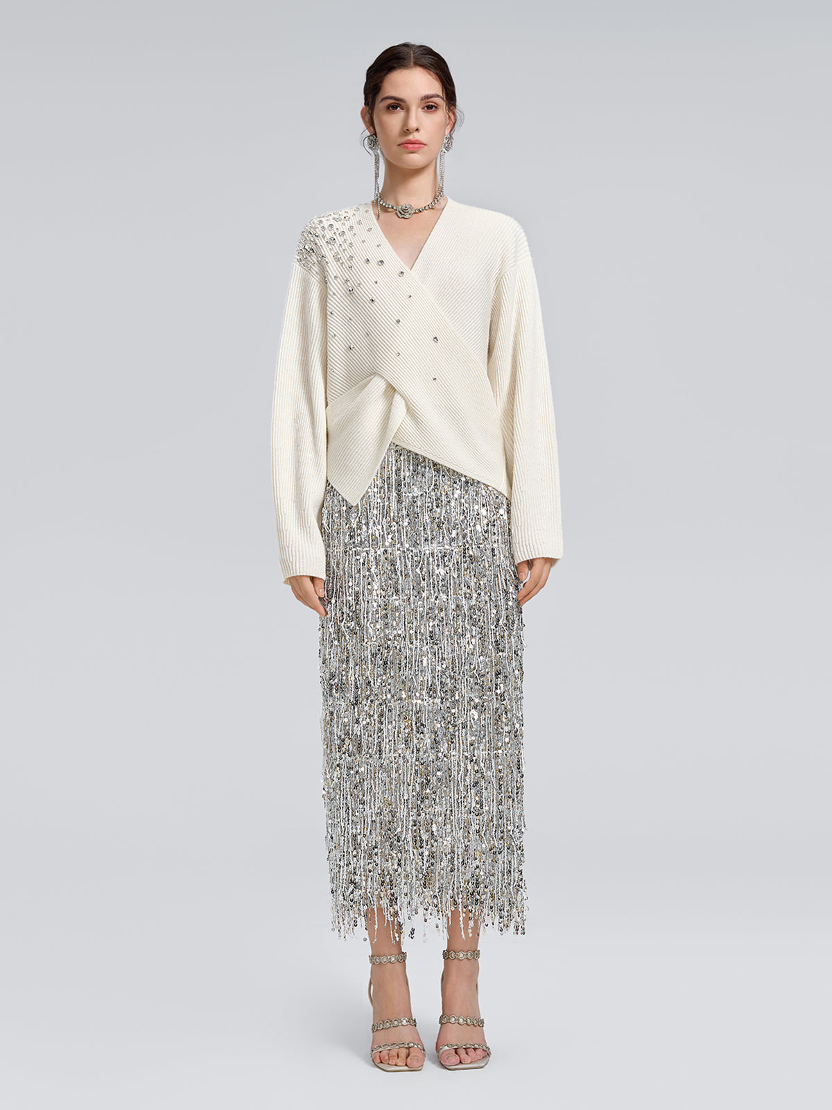 Asymmetric Hand-Beaded Crystal Sweater