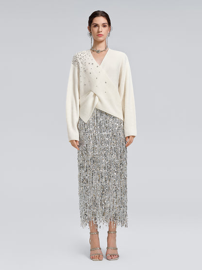 Asymmetric Hand-Beaded Crystal Sweater