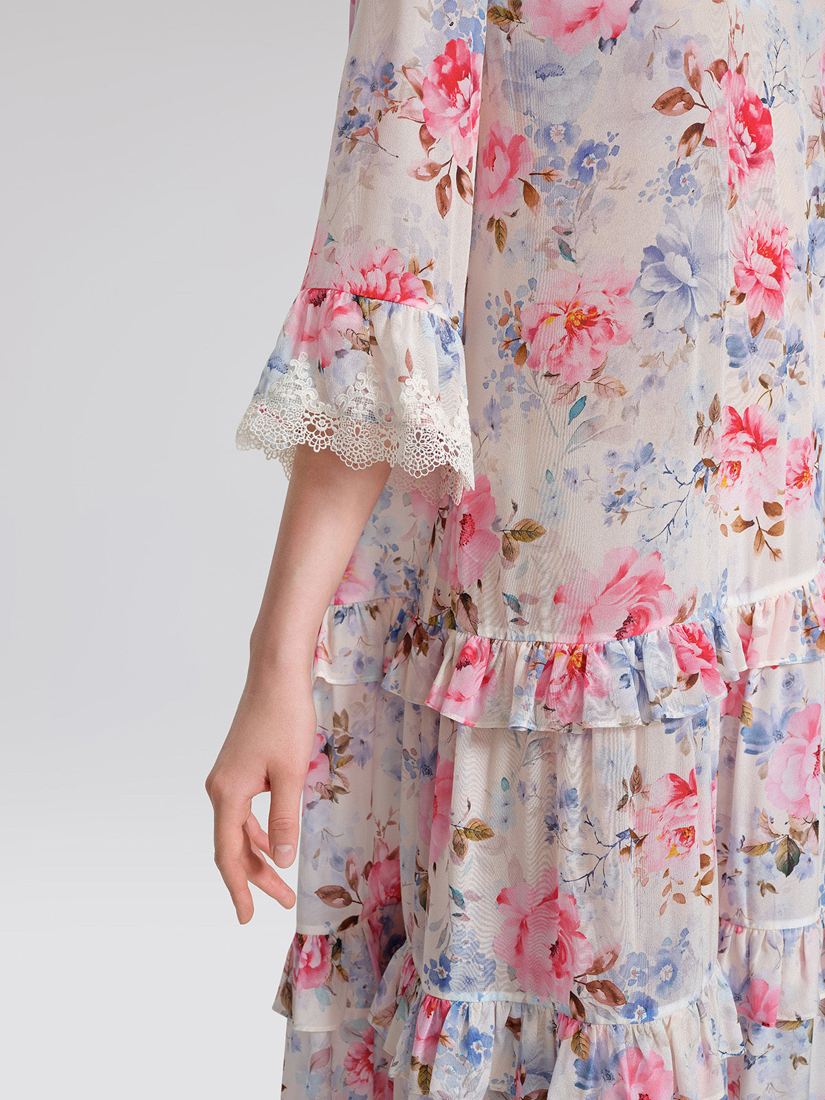 100% Silk Floral Lace Panel Ruffle Dress