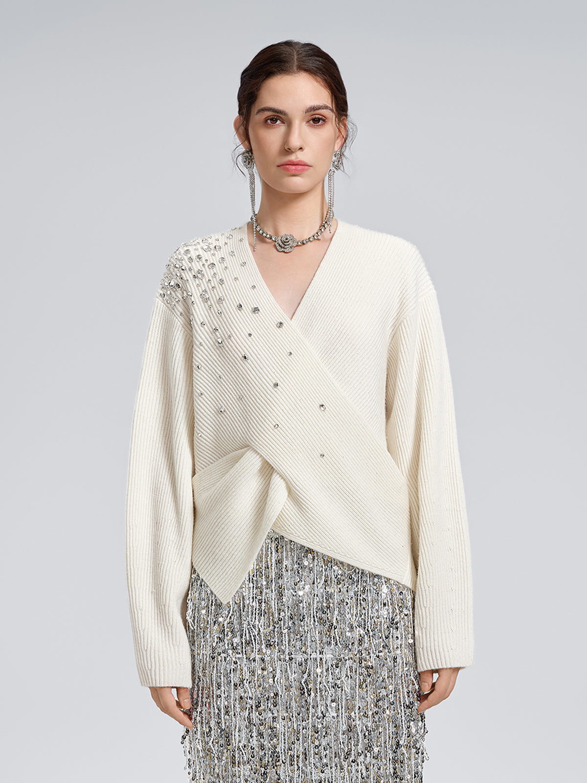 Asymmetric Hand-Beaded Crystal Sweater