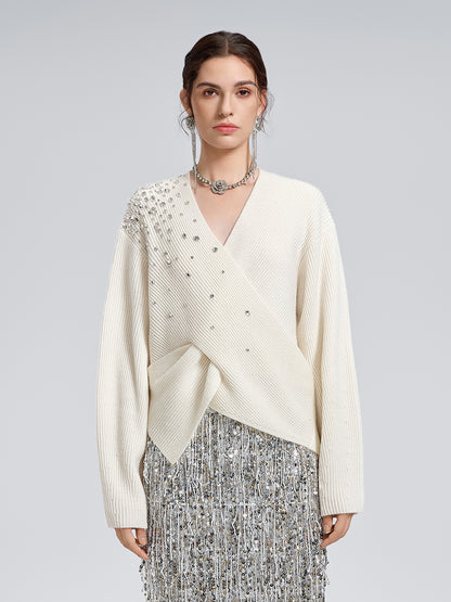 Asymmetric Hand-Beaded Crystal Sweater