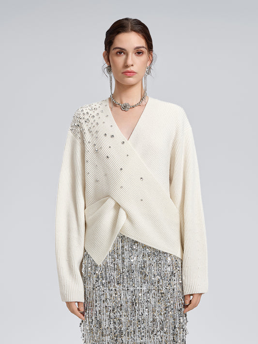 Asymmetric Hand-Beaded Crystal Sweater