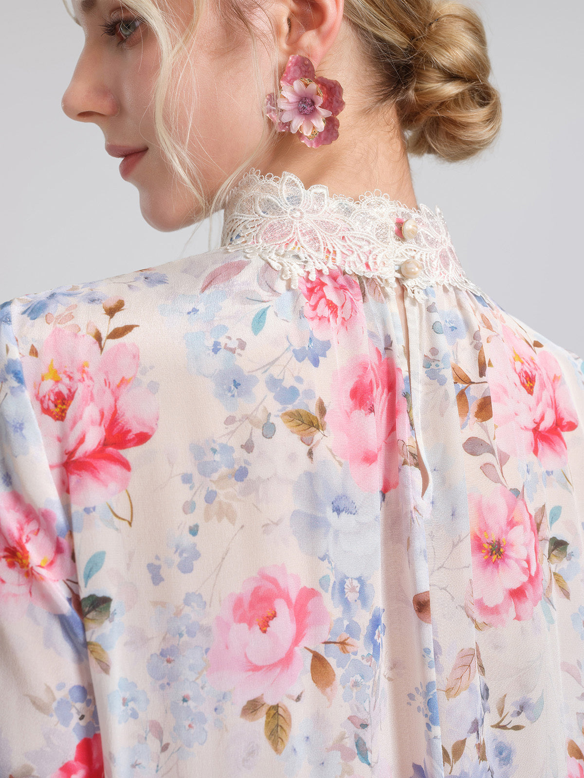 100% Silk Floral Lace Panel Ruffle Dress