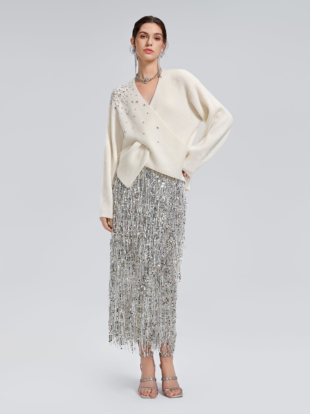 Asymmetric Hand-Beaded Crystal Sweater