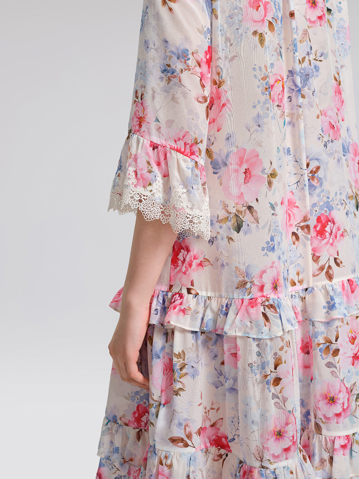 100% Silk Floral Lace Panel Ruffle Dress