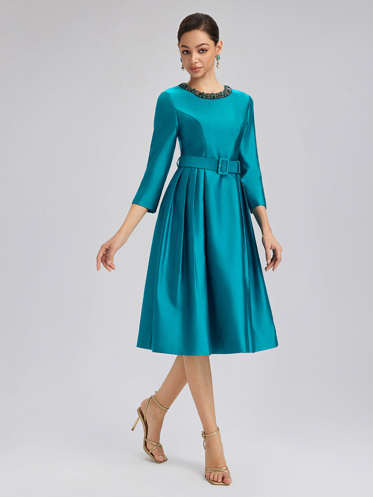 Silk-Wool Hand-Beaded Dress (Belt Included)