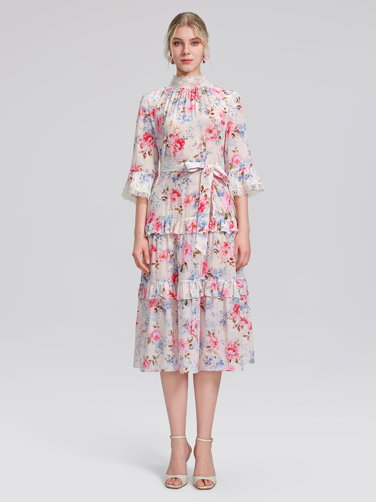 100% Silk Floral Lace Panel Ruffle Dress