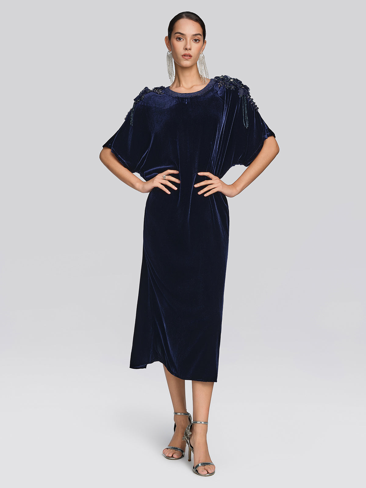 Velvet 3D Floral Rhinestone Dress