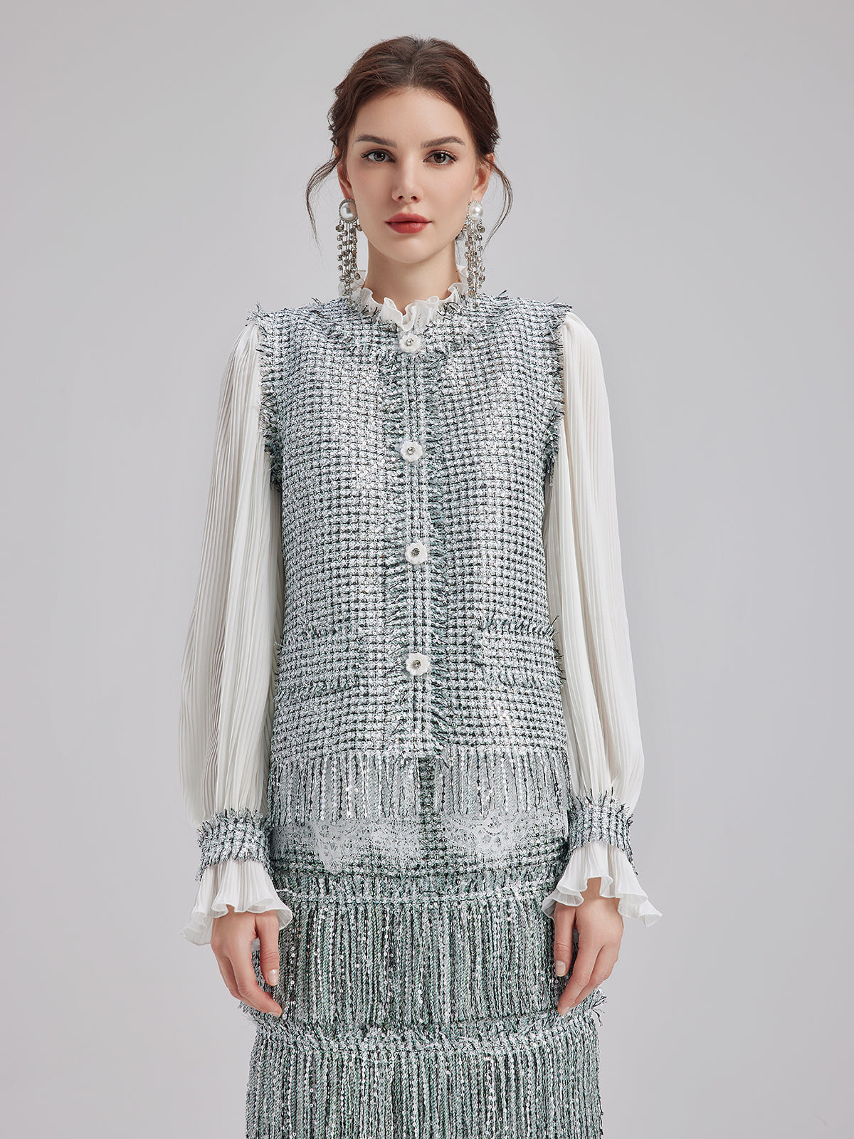 Minimalist Sequin Tweed Vest Patchwork Coat