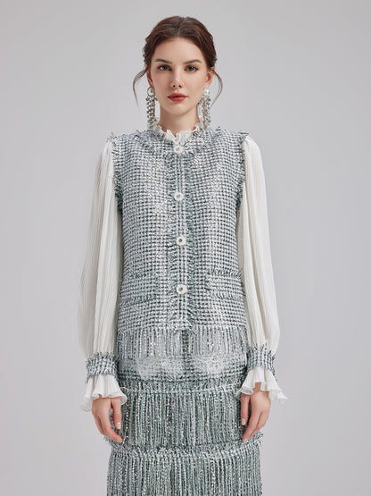 Minimalist Sequin Tweed Vest Patchwork Coat