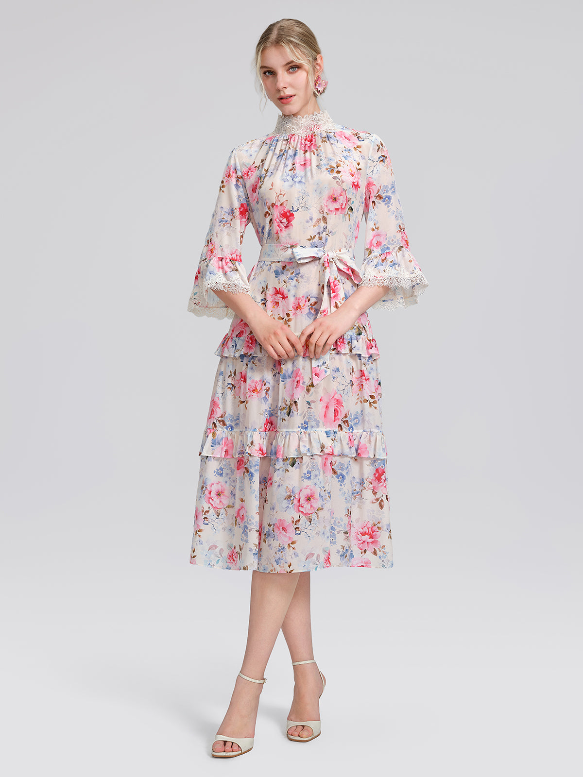 100% Silk Floral Lace Panel Ruffle Dress