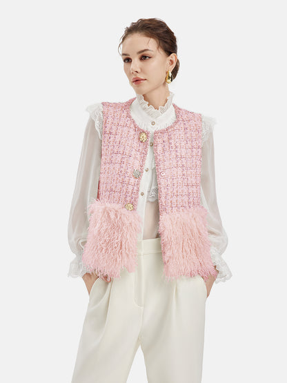 Chic Tweed Shearling Patchwork Single-breasted Vest Jacket