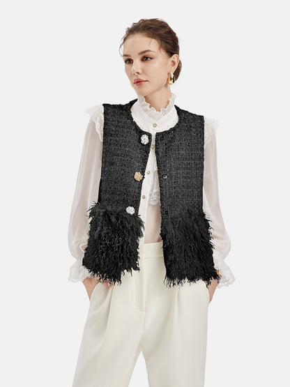 Chic Tweed Shearling Patchwork Single-breasted Vest Jacket