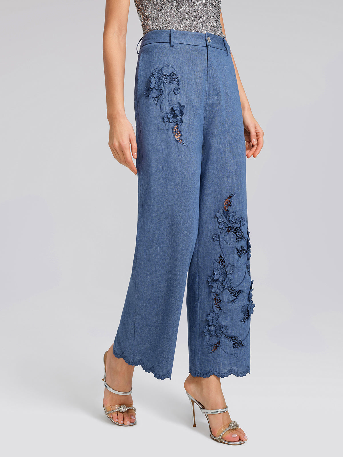 Art Cutout Floral Embroidered Linen Pants