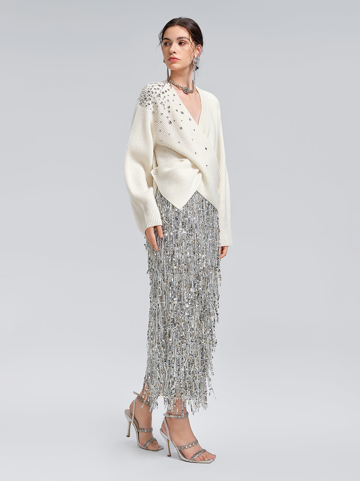Asymmetric Hand-Beaded Crystal Sweater