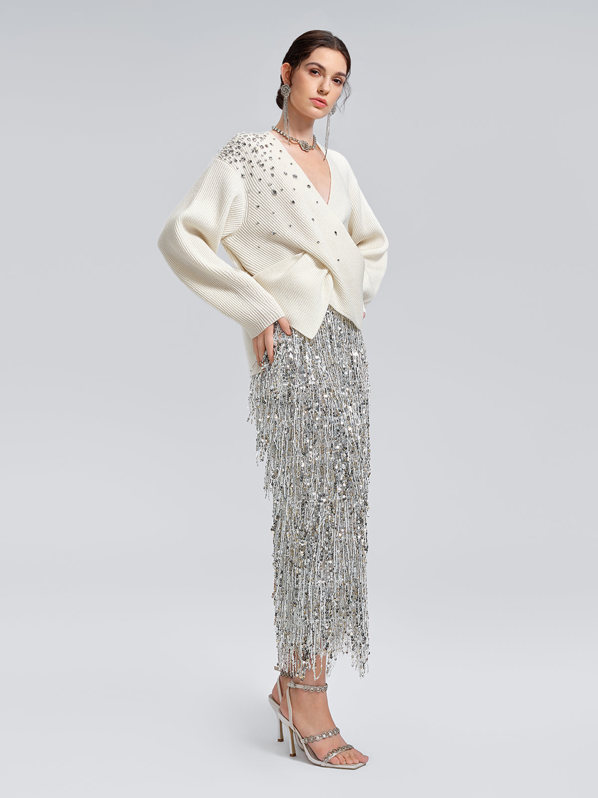 Asymmetric Hand-Beaded Crystal Sweater