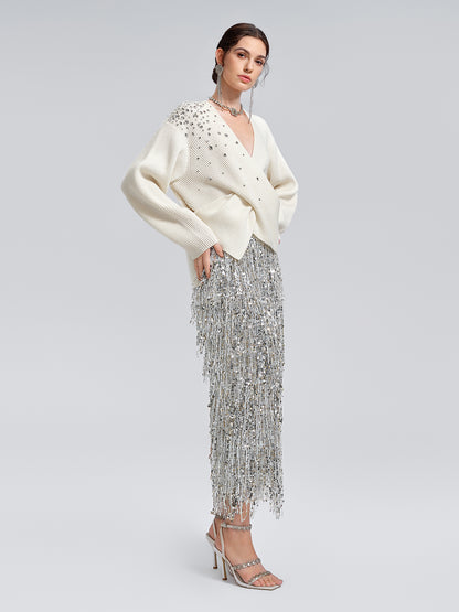 Asymmetric Hand-Beaded Crystal Sweater