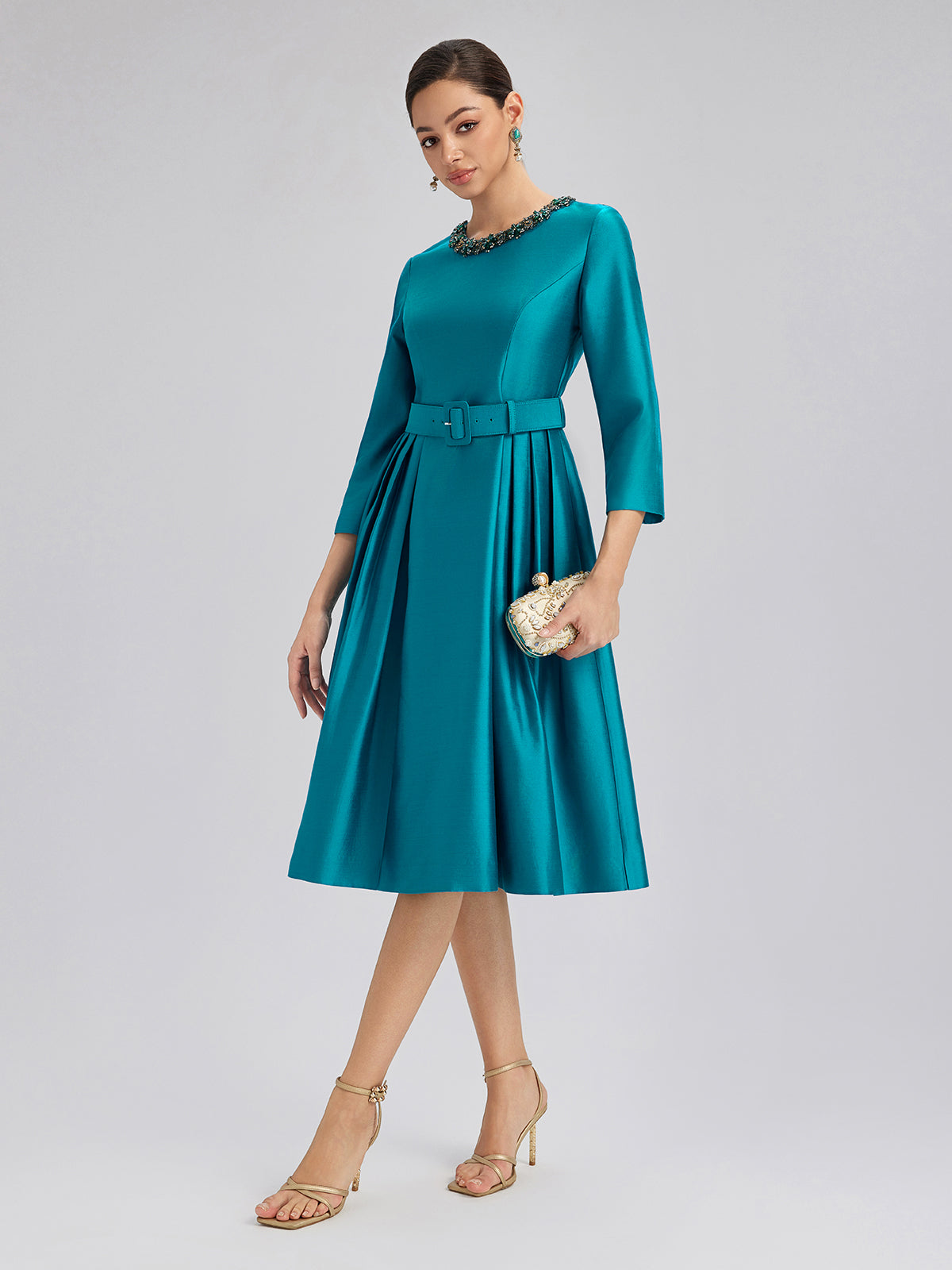 Silk-Wool Hand-Beaded Dress (Belt Included)