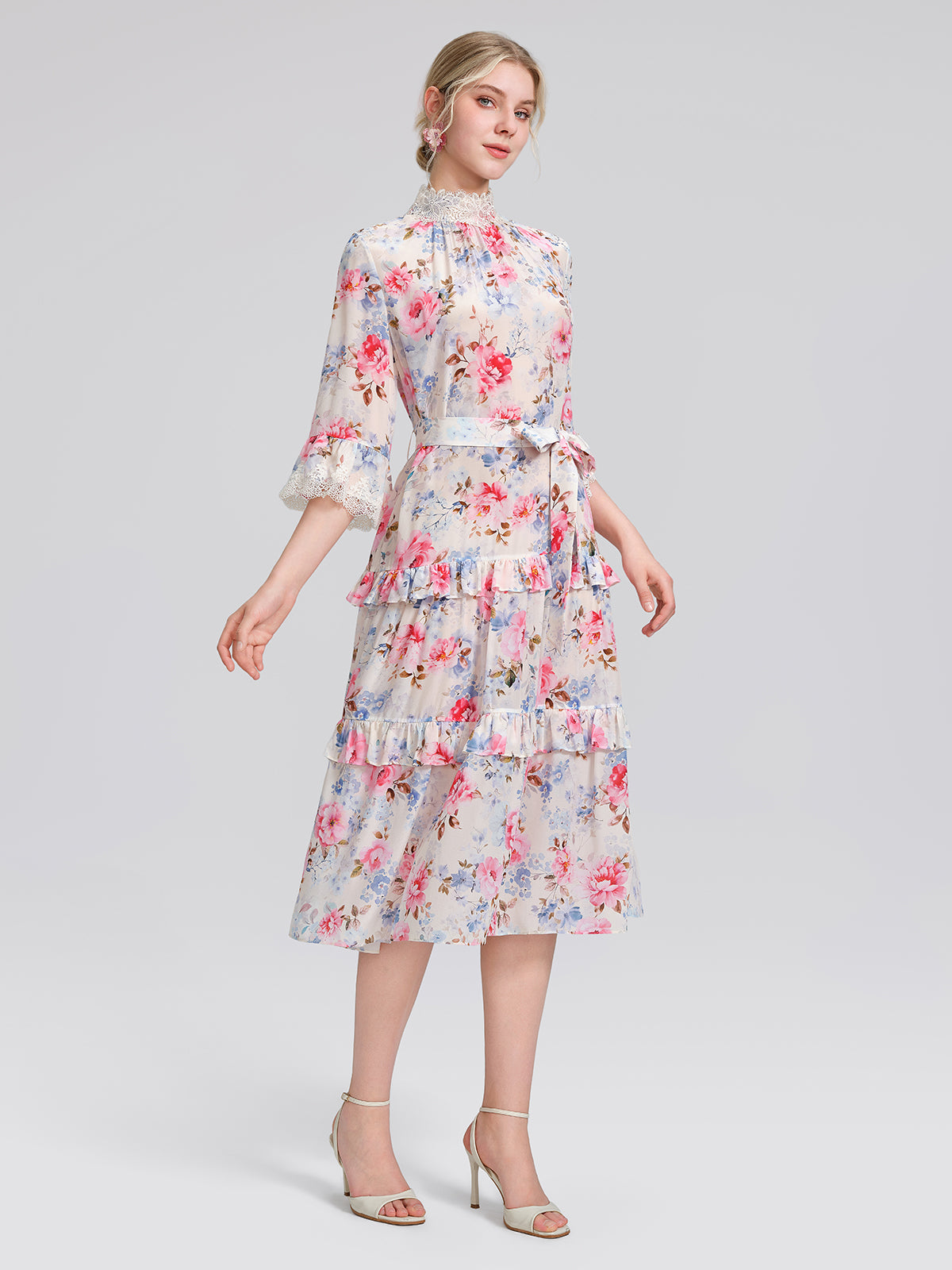 100% Silk Floral Lace Panel Ruffle Dress