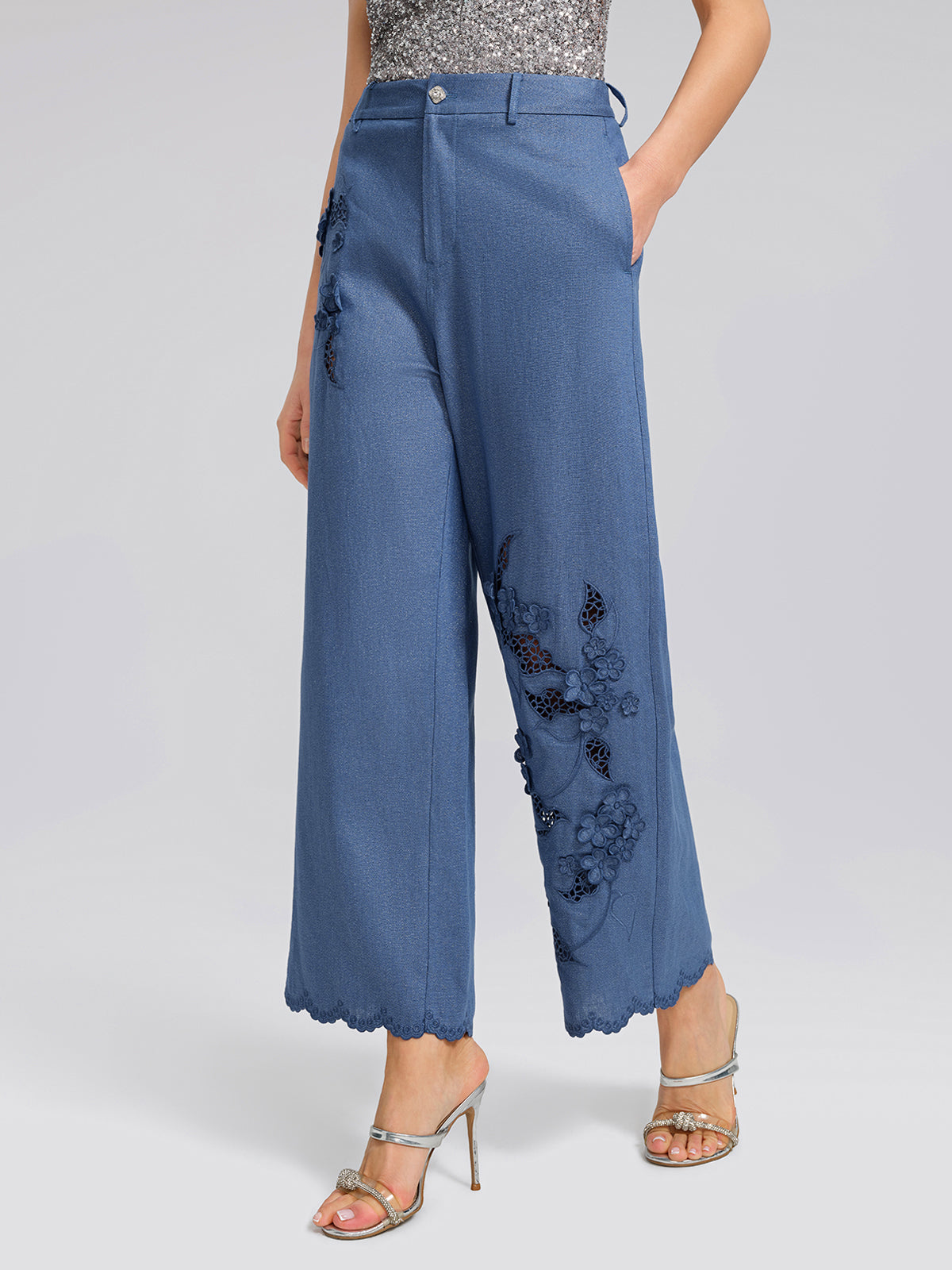 Art Cutout Floral Embroidered Linen Pants