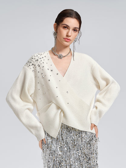 Asymmetric Hand-Beaded Crystal Sweater