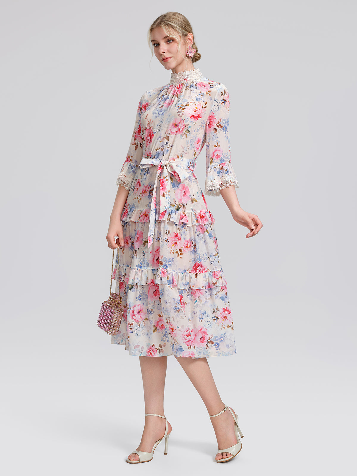 100% Silk Floral Lace Panel Ruffle Dress