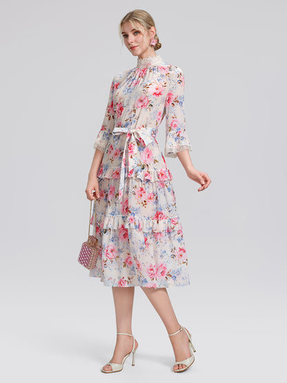 100% Silk Floral Lace Panel Ruffle Dress