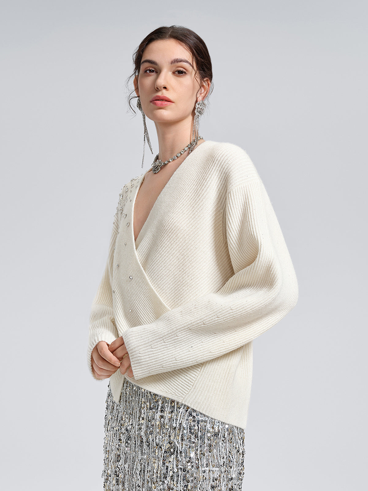 Asymmetric Hand-Beaded Crystal Sweater