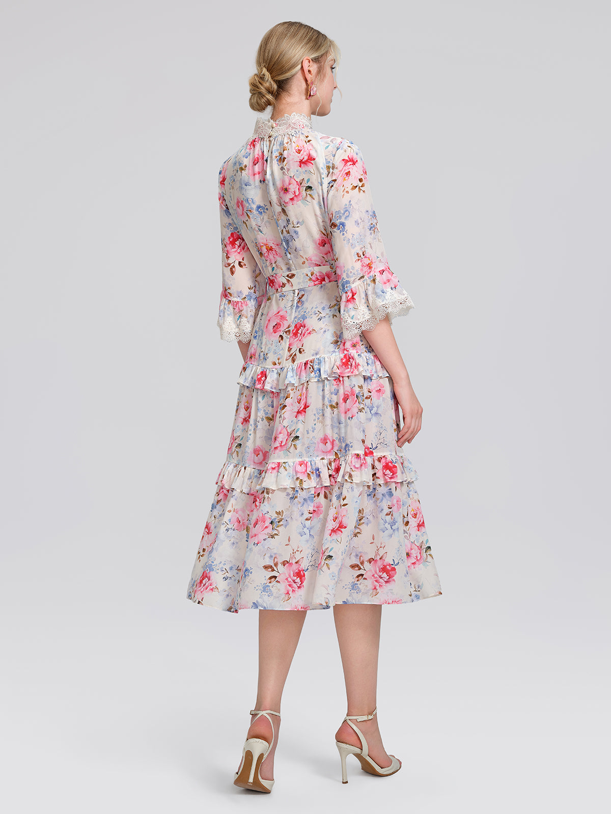 100% Silk Floral Lace Panel Ruffle Dress