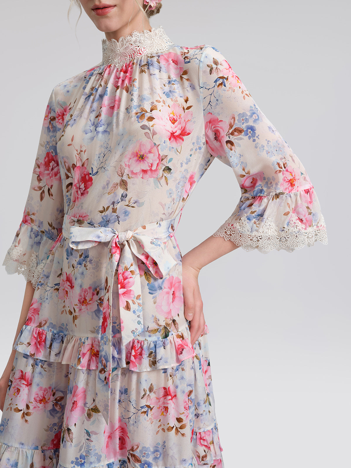 100% Silk Floral Lace Panel Ruffle Dress