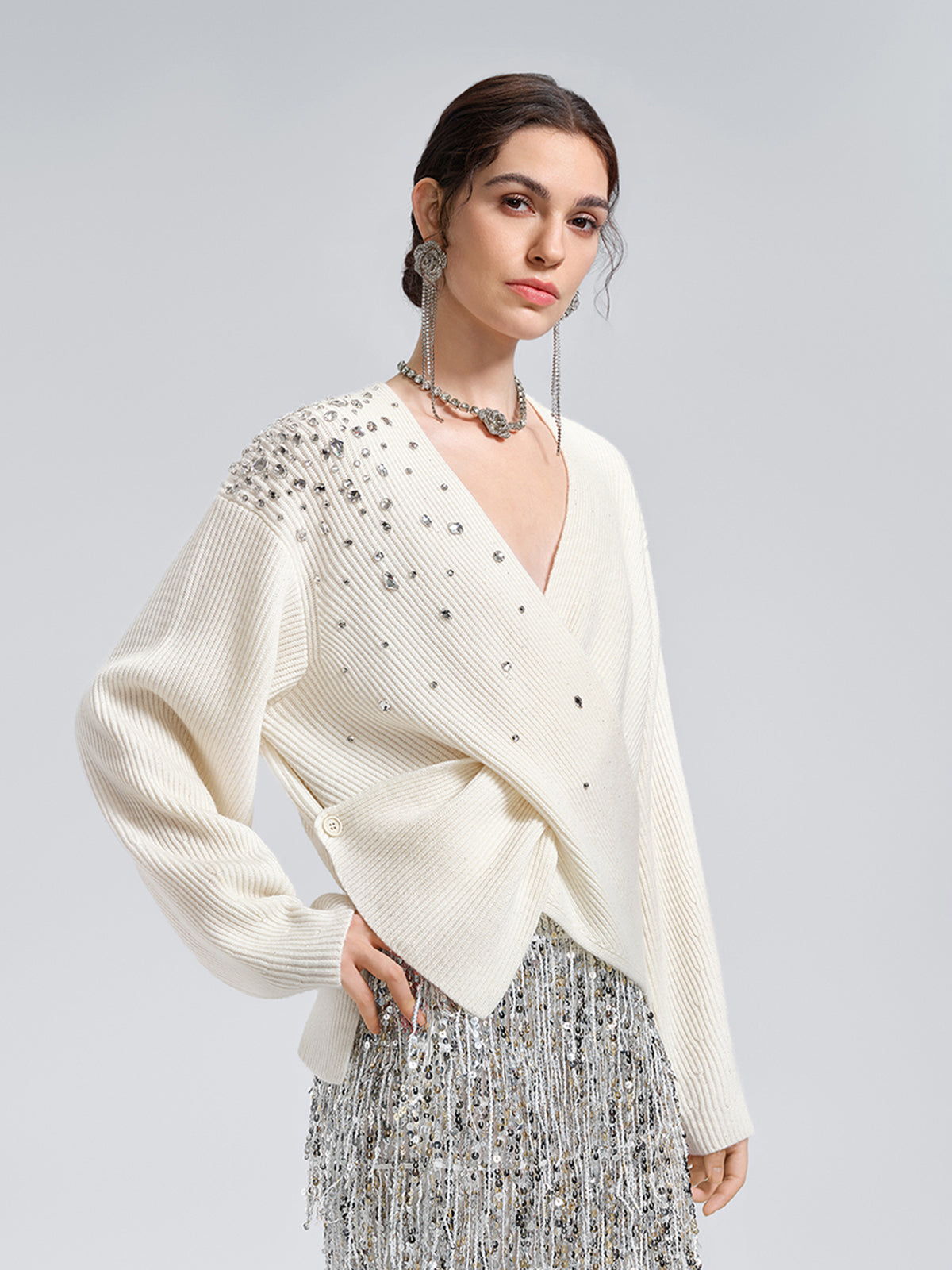 Asymmetric Hand-Beaded Crystal Sweater