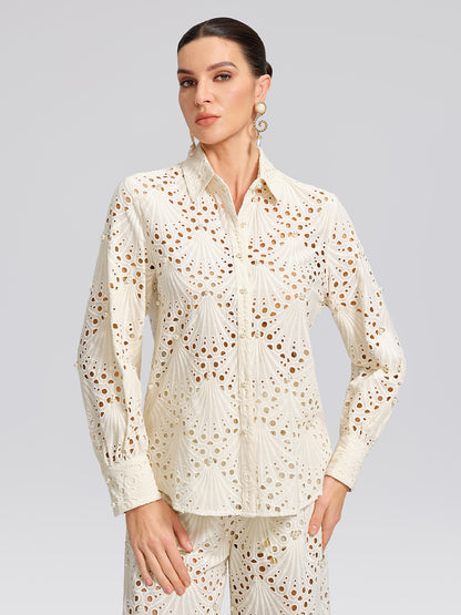 100% Cotton Burnout Cutwork Hand-Sewn Pearl Shirt
