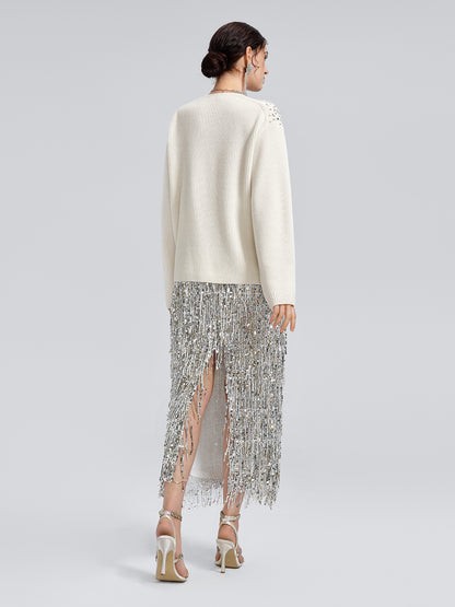 Asymmetric Hand-Beaded Crystal Sweater