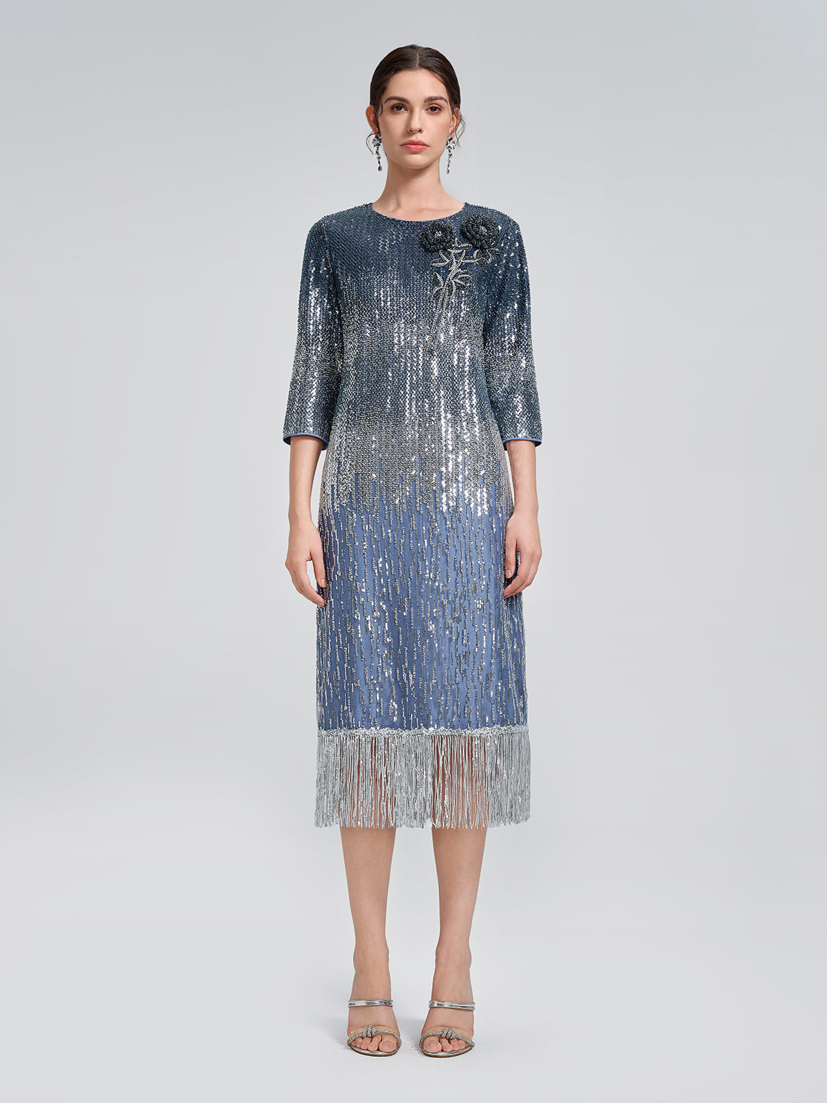 Fringe Gradient Sequin 3D Floral Dress