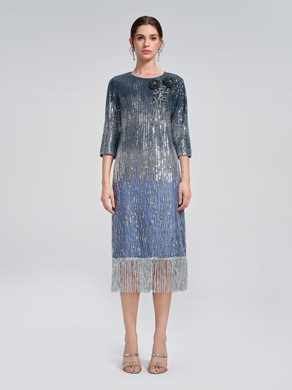 Fringe Gradient Sequin 3D Floral Dress