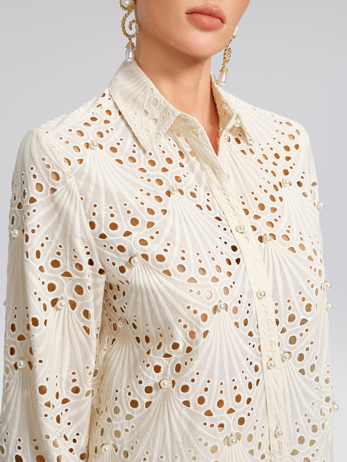 100% Cotton Burnout Cutwork Hand-Sewn Pearl Shirt