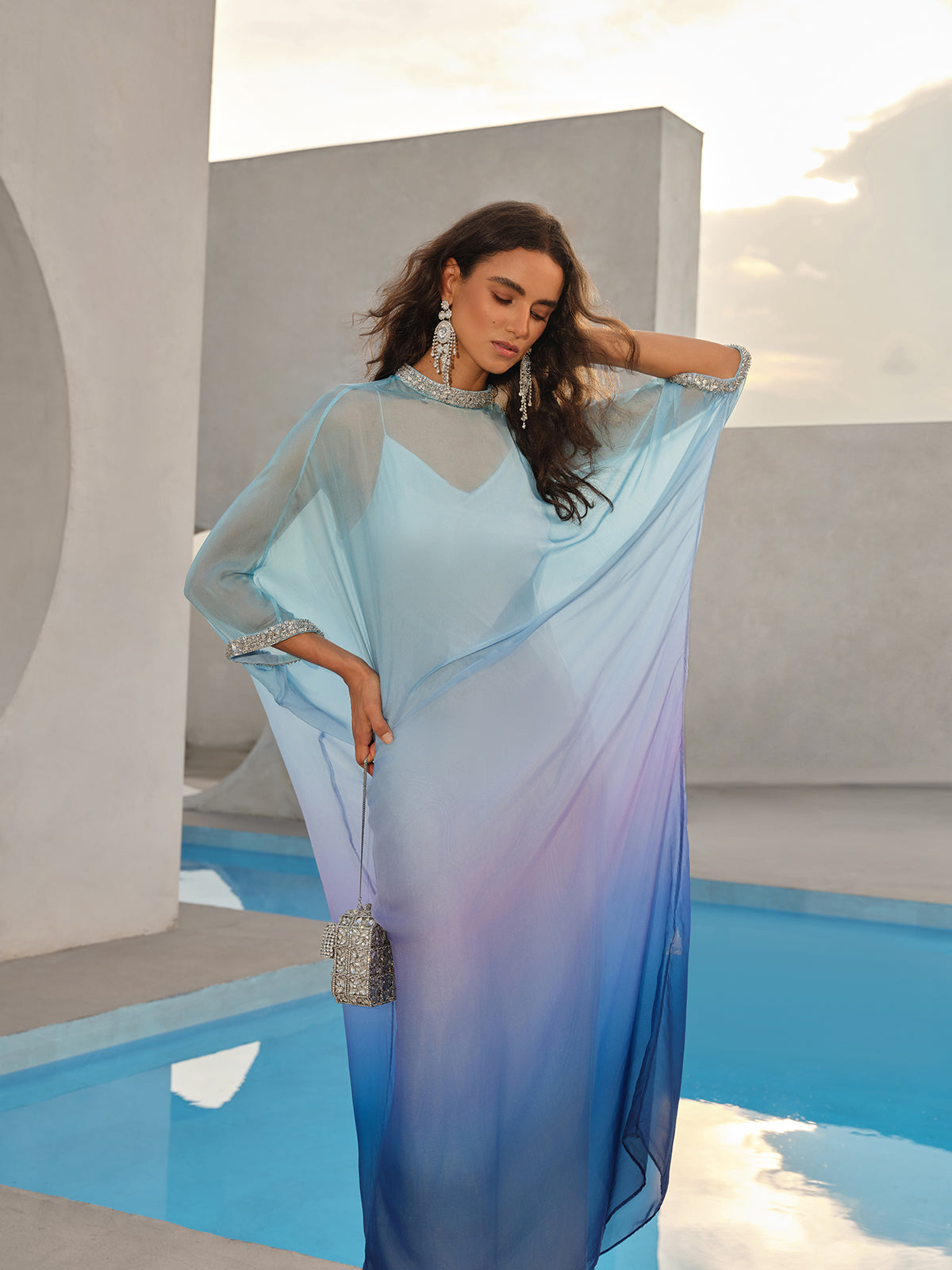 Beaded Gradient Batwing Sleeve Maxi Dress (Slip Dress Included)