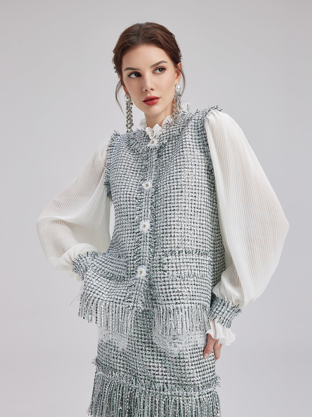 Minimalist Sequin Tweed Vest Patchwork Coat