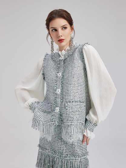 Minimalist Sequin Tweed Vest Patchwork Coat