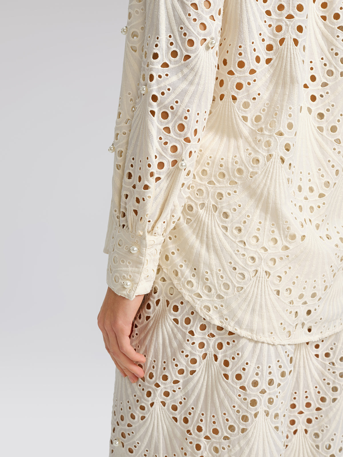 100% Cotton Burnout Cutwork Hand-Sewn Pearl Shirt