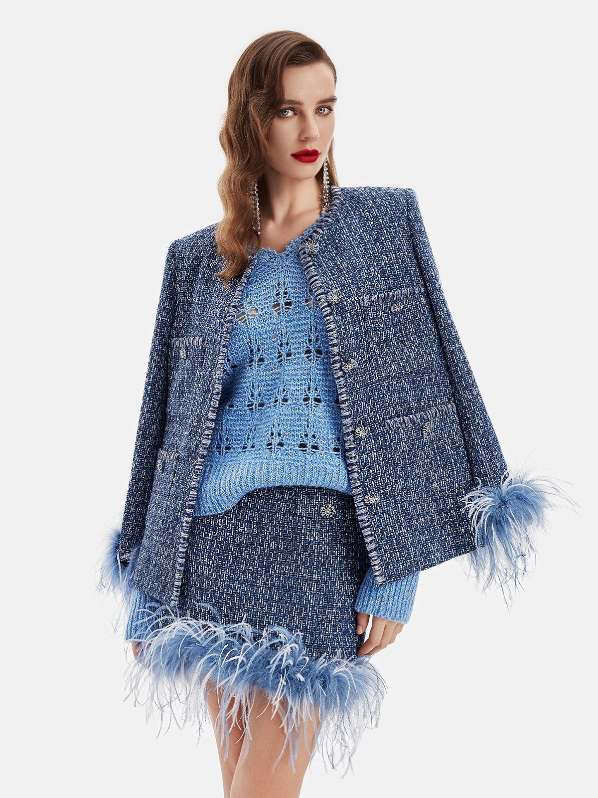 Luxe Detachable Feathers Wool-Blend Jacket