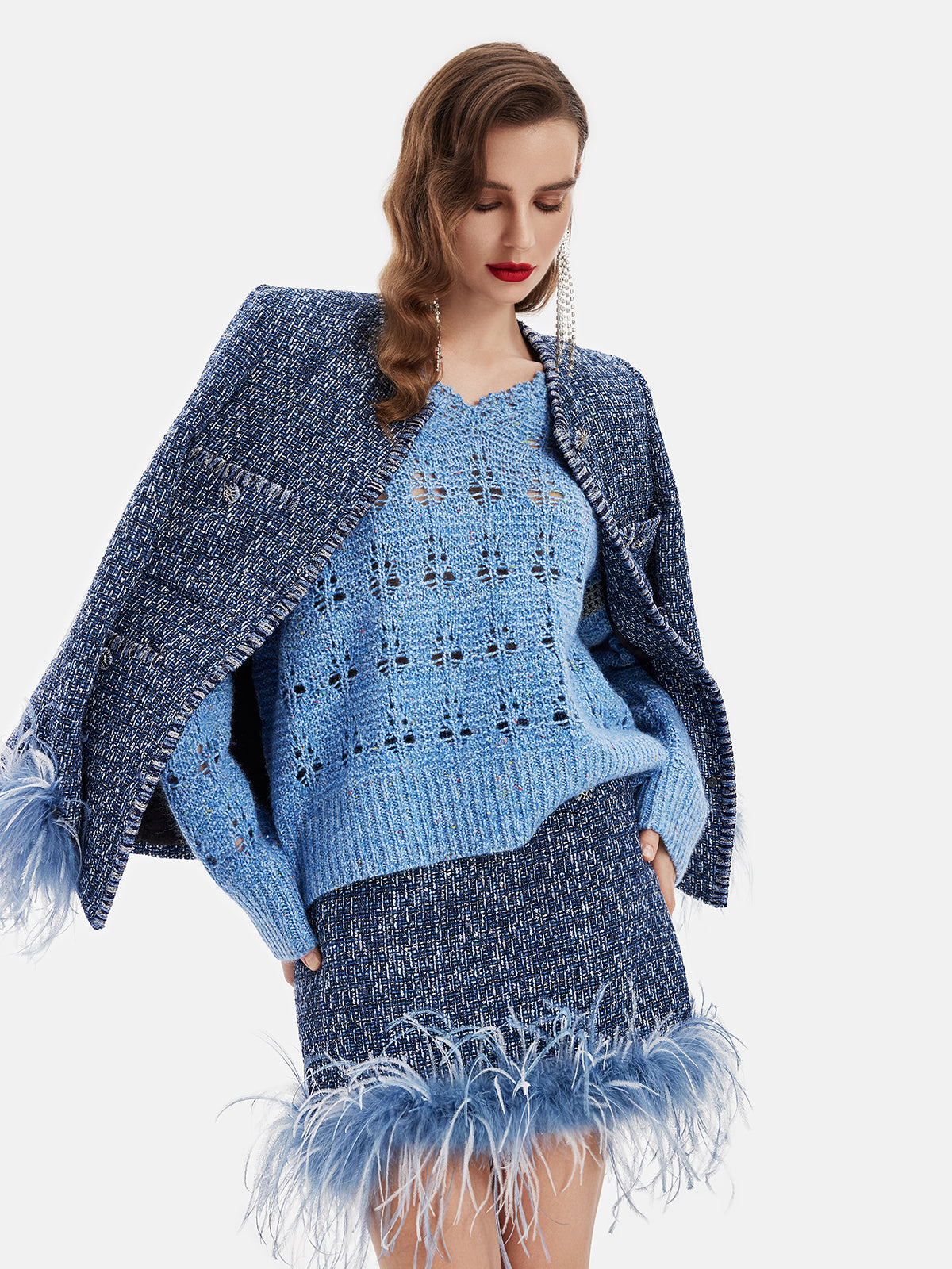 Luxe Detachable Feathers Wool-Blend Jacket