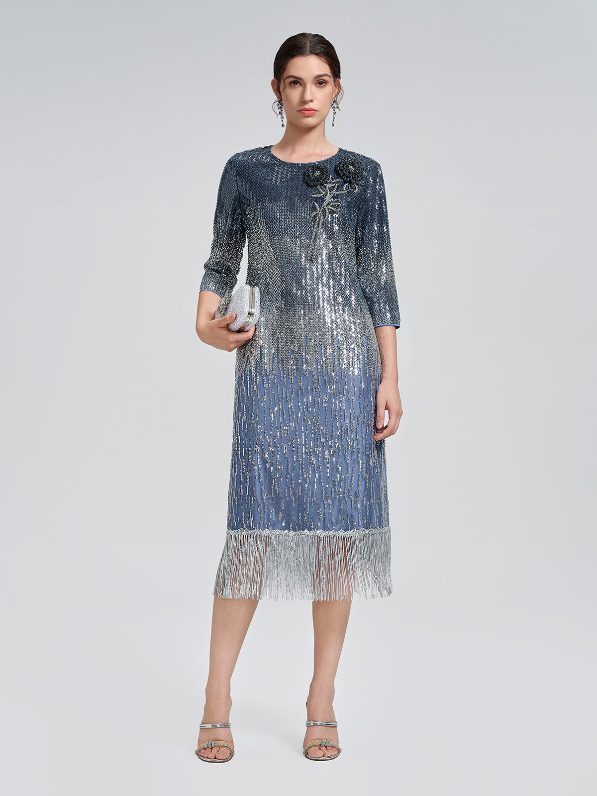 Fringe Gradient Sequin 3D Floral Dress