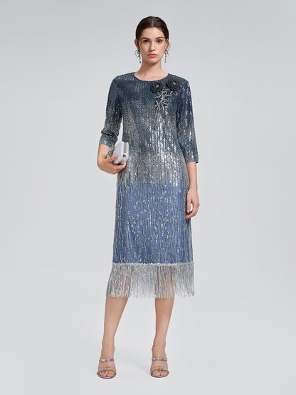 Fringe Gradient Sequin 3D Floral Dress