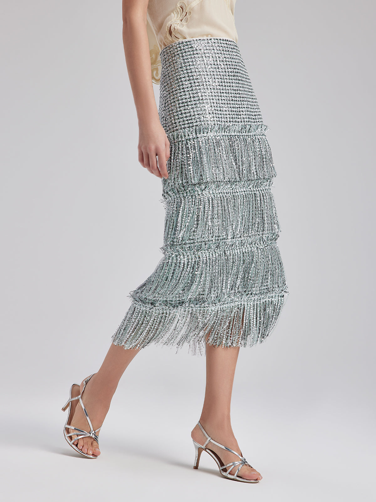 Minimalist Sequin Tweed Tassel Skirt