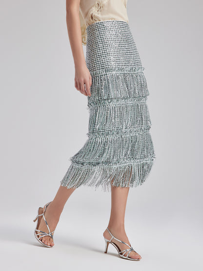 Minimalist Sequin Tweed Tassel Skirt